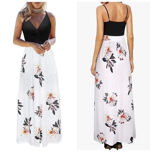 V Neck Spaghetti Strap Floral Long Maxi Dress with Pockets sz S - Picture 1 of 8